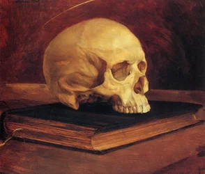 Vanitas Stillleben. Totenkopf auf einem Buch